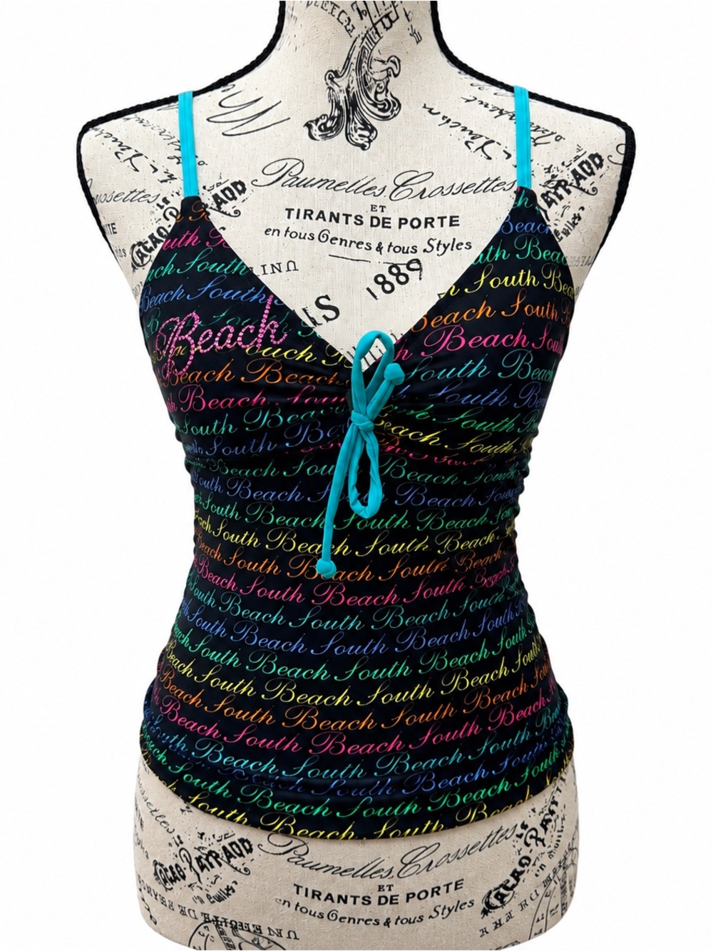 Turquoise-Accent Black Rainbow Script Tankini Top